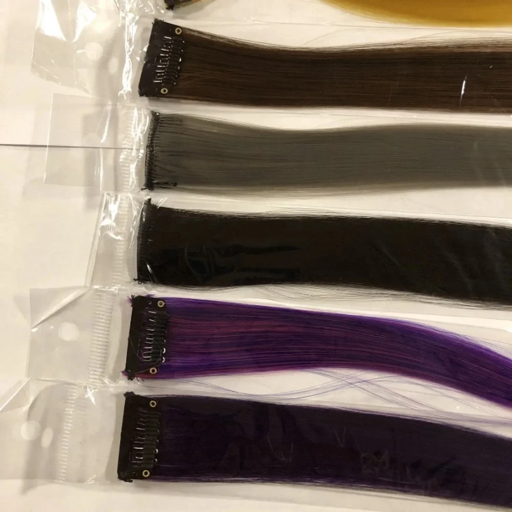 NEW 10pcs Highlight Synthetic Clip-In Hair Extensions Purple Yellow Orange Black